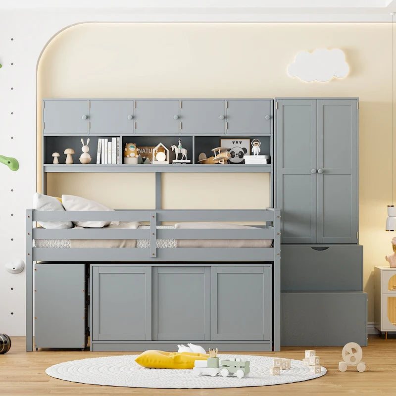 Gray Full Size Wooden Loft Bed with Integrated Wardrobe & Desk