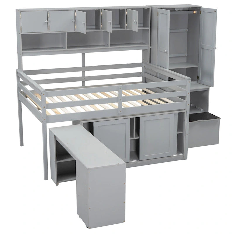 Gray Full Size Wooden Loft Bed with Integrated Wardrobe & Desk