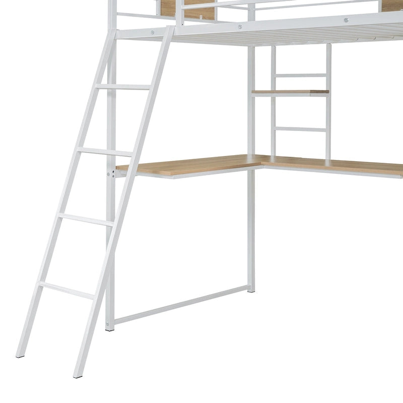 White Twin Size Metal Wood Loft Bed with L-shaped Desk and Ladder