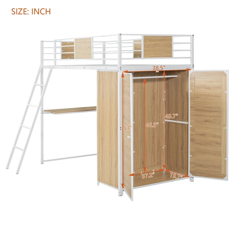 White Twin Size Metal Wood Loft Bed with L-shaped Desk and Ladder