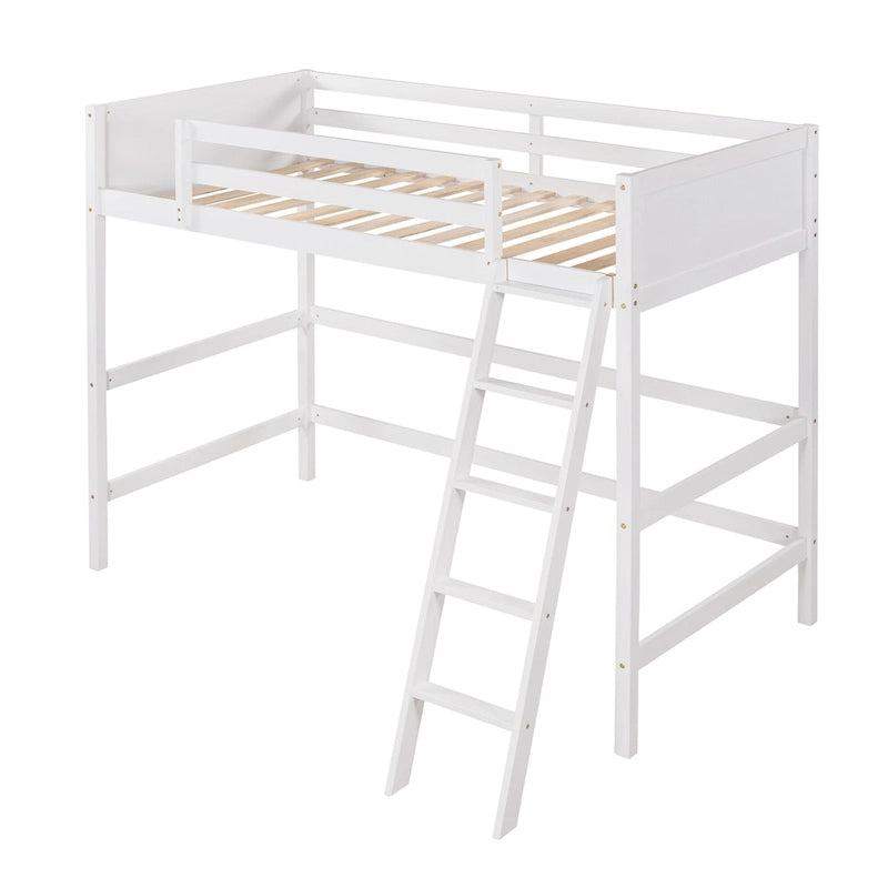 White Twin Metal Loft Bed with Built-in Desk and Storage Shelves