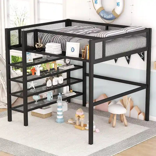 Black Full Metal Loft Bed with Shelves & Workstation