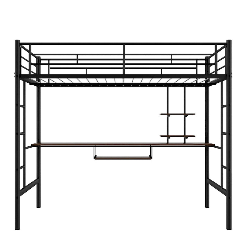 Black Full Size Metal Loft Bed with Desk and Shelf, Space-Saving Design