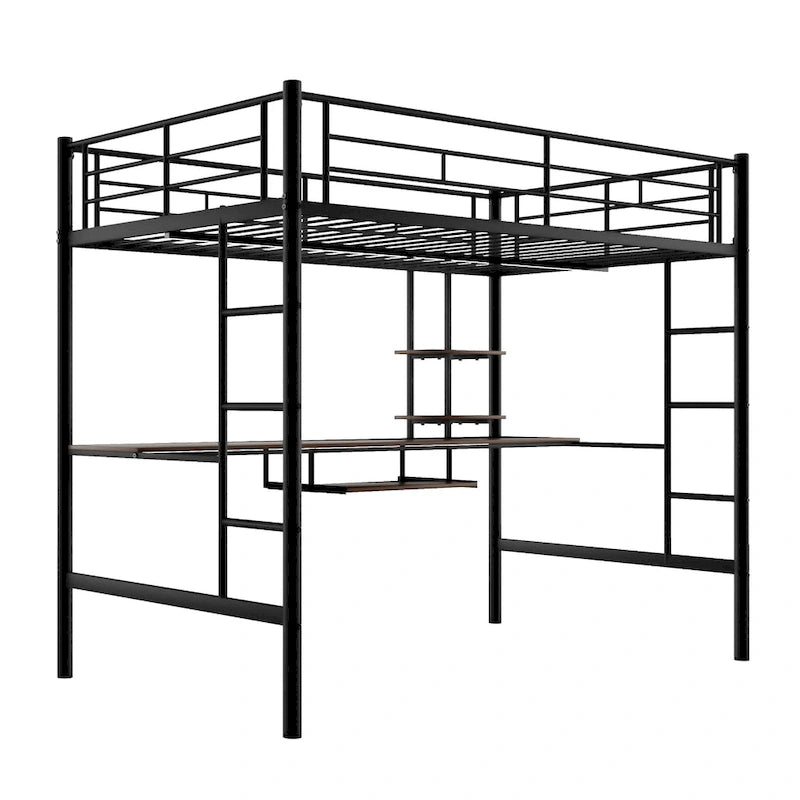 Black Full Size Metal Loft Bed with Desk and Shelf, Space-Saving Design
