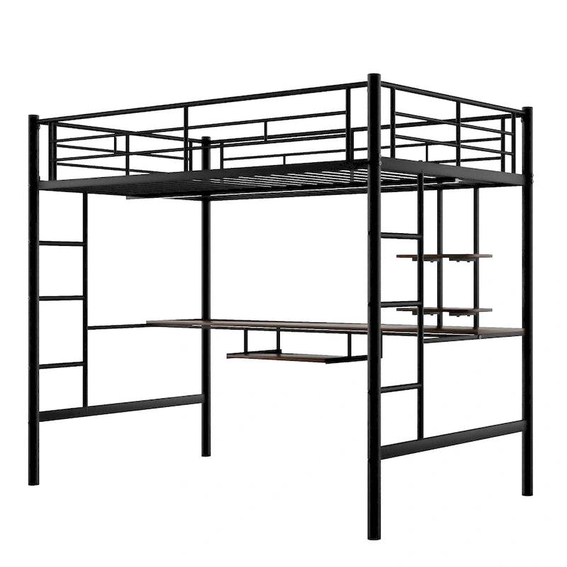 Black Full Size Metal Loft Bed with Desk and Shelf, Space-Saving Design
