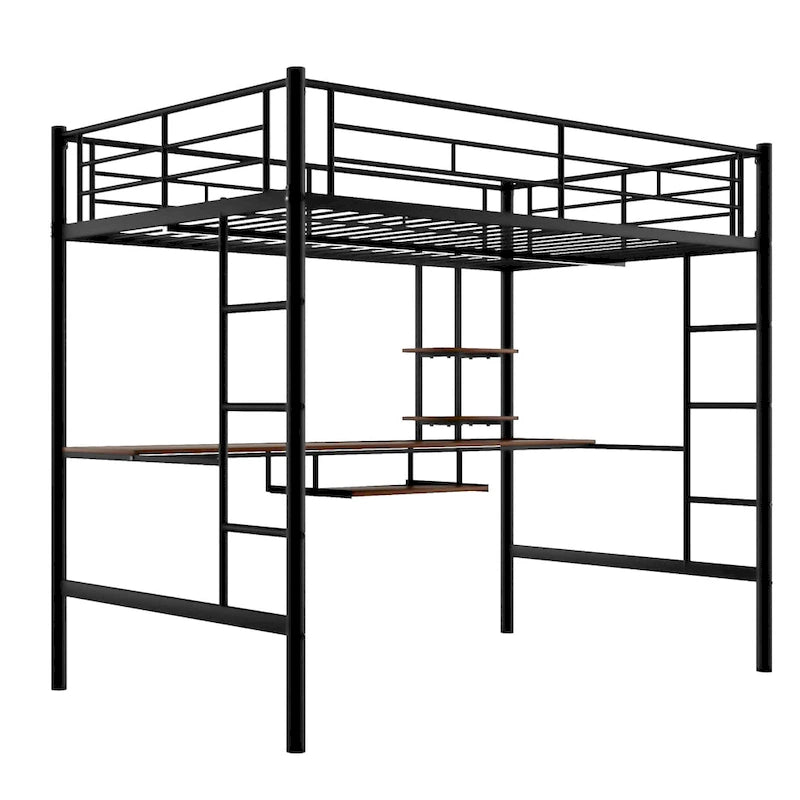 Black Full Size Metal Loft Bed with Desk and Shelf, Space-Saving Design