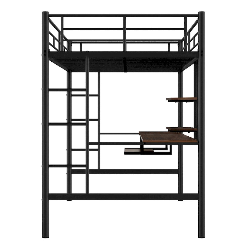 Black Full Size Metal Loft Bed with Desk and Shelf, Space-Saving Design