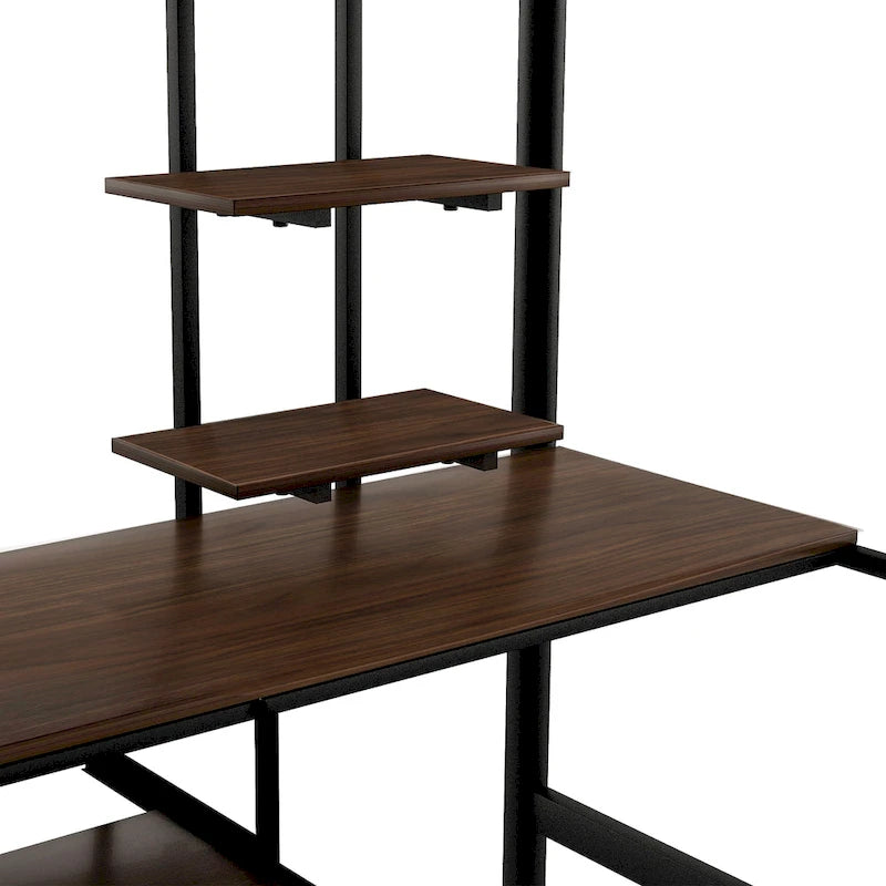 Black Full Size Metal Loft Bed with Desk and Shelf, Space-Saving Design