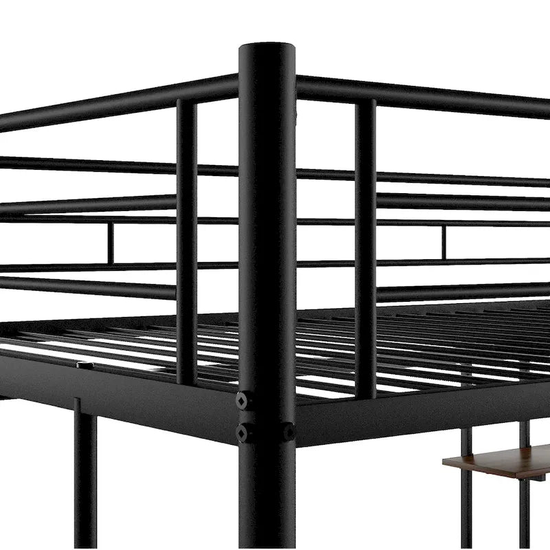 Black Full Size Metal Loft Bed with Desk and Shelf, Space-Saving Design