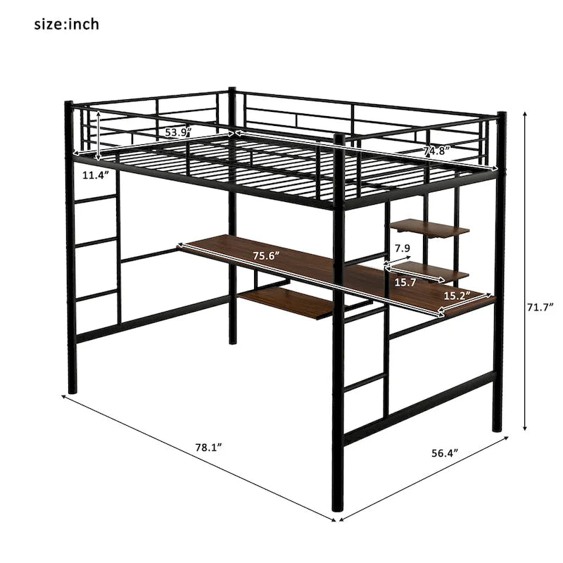 Black Full Size Metal Loft Bed with Desk and Shelf, Space-Saving Design