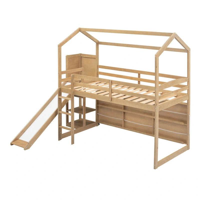 Twin Wood House Loft Bed with Slide