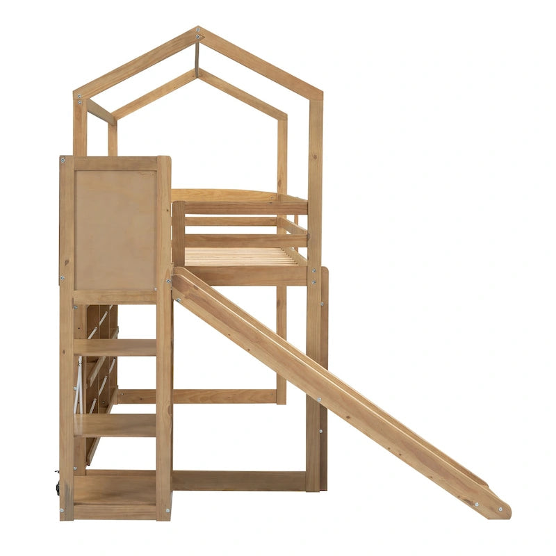 Twin Wood House Loft Bed with Slide