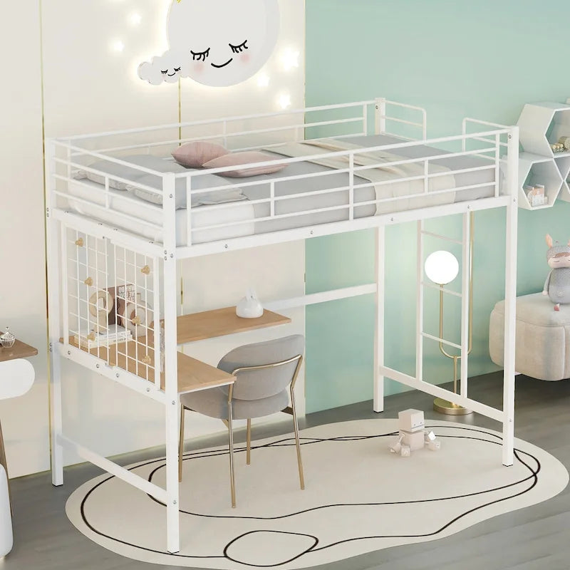 White Twin Size Metal Loft Bed with Desk, Ladder, and Metal Grid for Kids