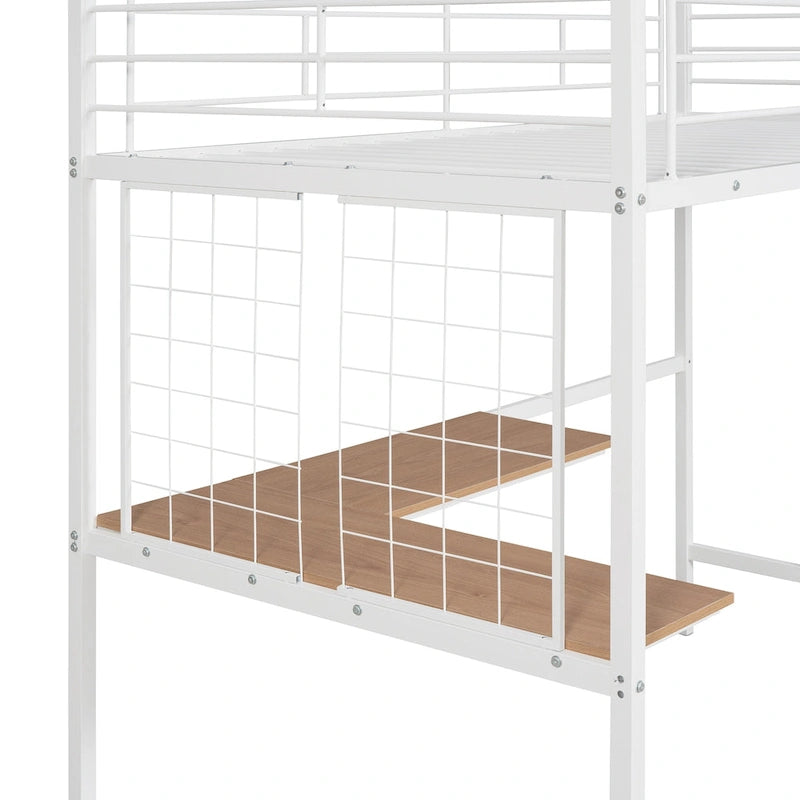White Twin Size Metal Loft Bed with Desk, Ladder, and Metal Grid for Kids