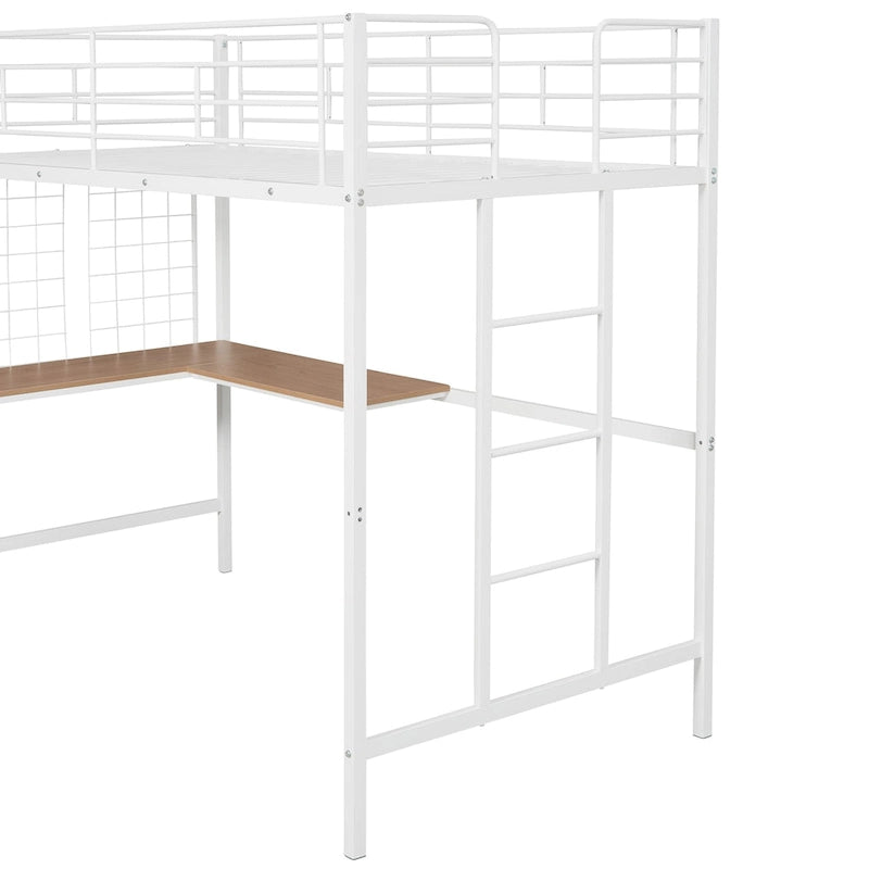 White Twin Size Metal Loft Bed with Desk, Ladder, and Metal Grid for Kids