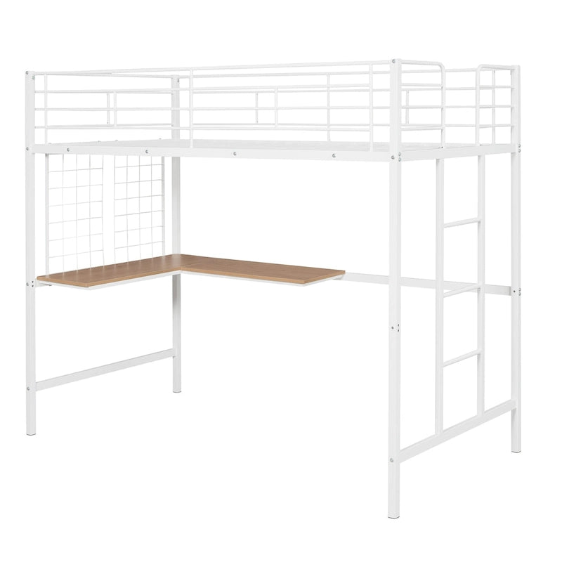 White Twin Size Metal Loft Bed with Desk, Ladder, and Metal Grid for Kids