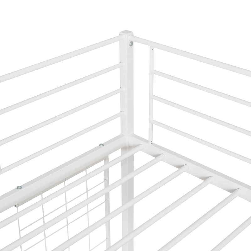 White Twin Size Metal Loft Bed with Desk, Ladder, and Metal Grid for Kids