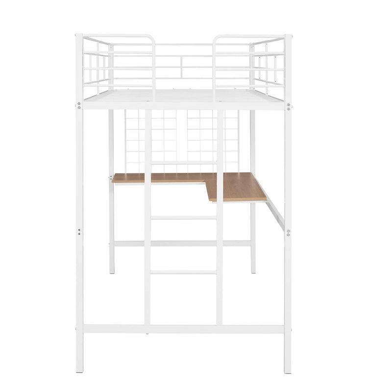 White Twin Size Metal Loft Bed with Desk, Ladder, and Metal Grid for Kids