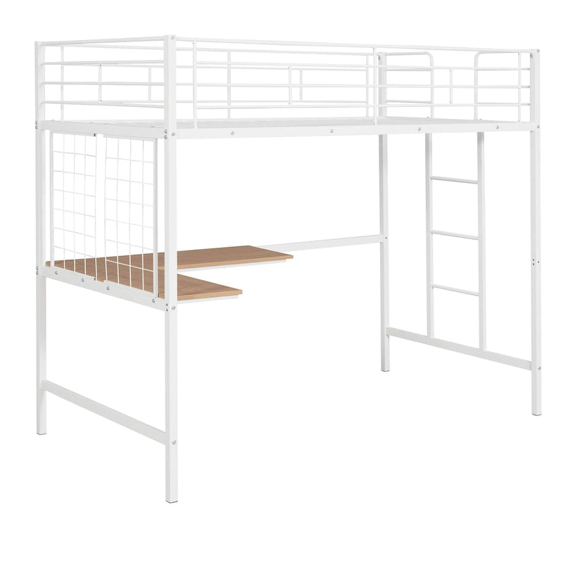 White Twin Size Metal Loft Bed with Desk, Ladder, and Metal Grid for Kids