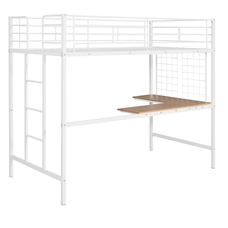 White Twin Size Metal Loft Bed with Desk, Ladder, and Metal Grid for Kids