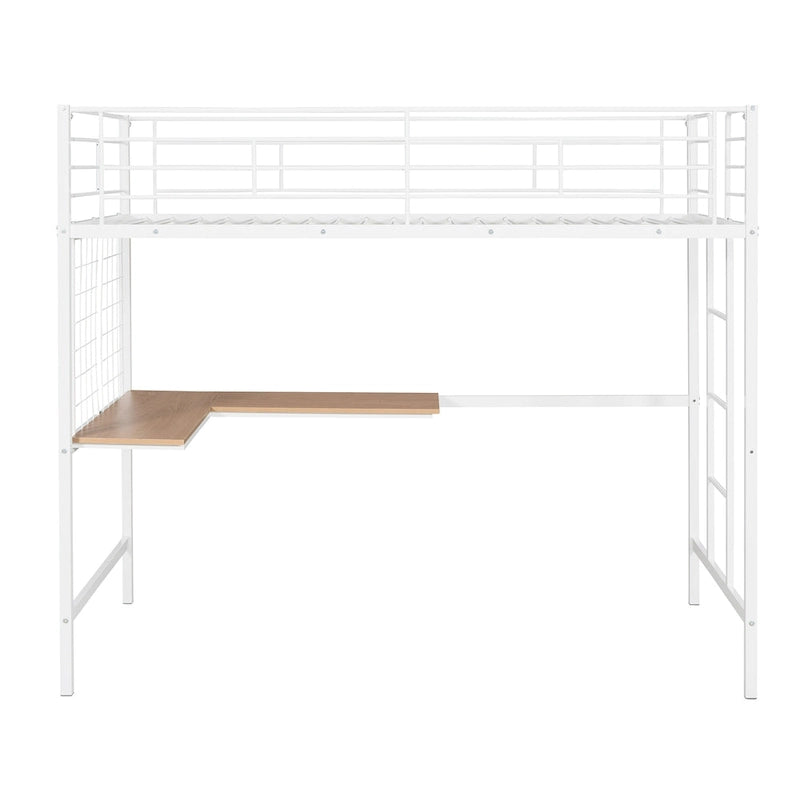White Twin Size Metal Loft Bed with Desk, Ladder, and Metal Grid for Kids