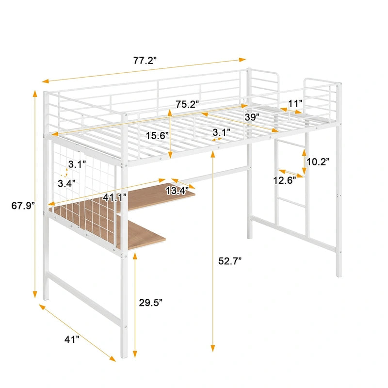 White Twin Size Metal Loft Bed with Desk, Ladder, and Metal Grid for Kids