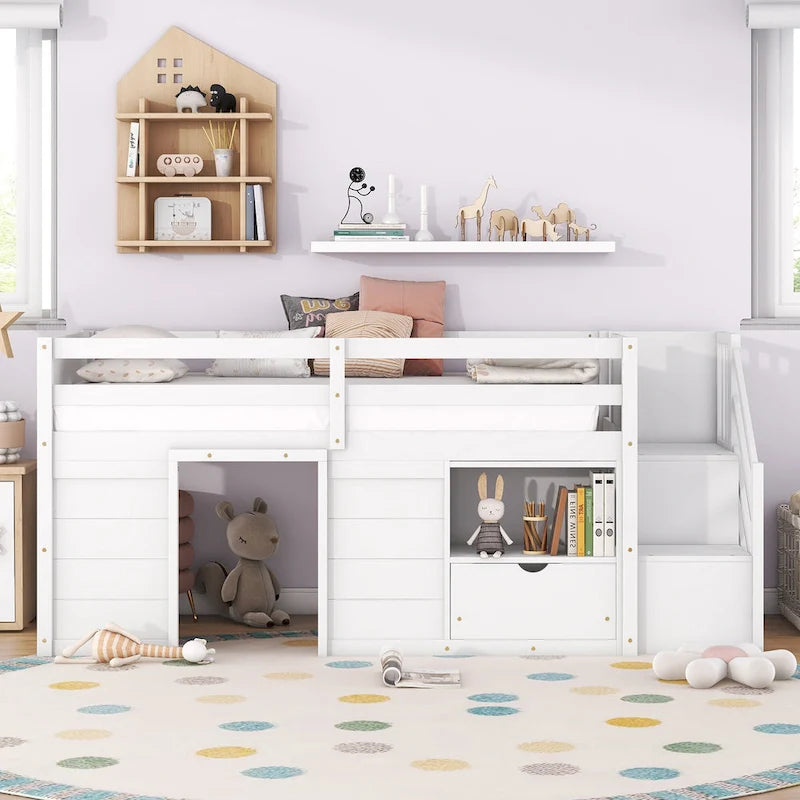 Twin Pine Low Loft Bed with Storage Staircase, Drawer, and Shelf