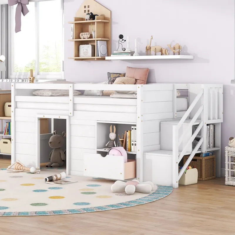 Twin Pine Low Loft Bed with Storage Staircase, Drawer, and Shelf