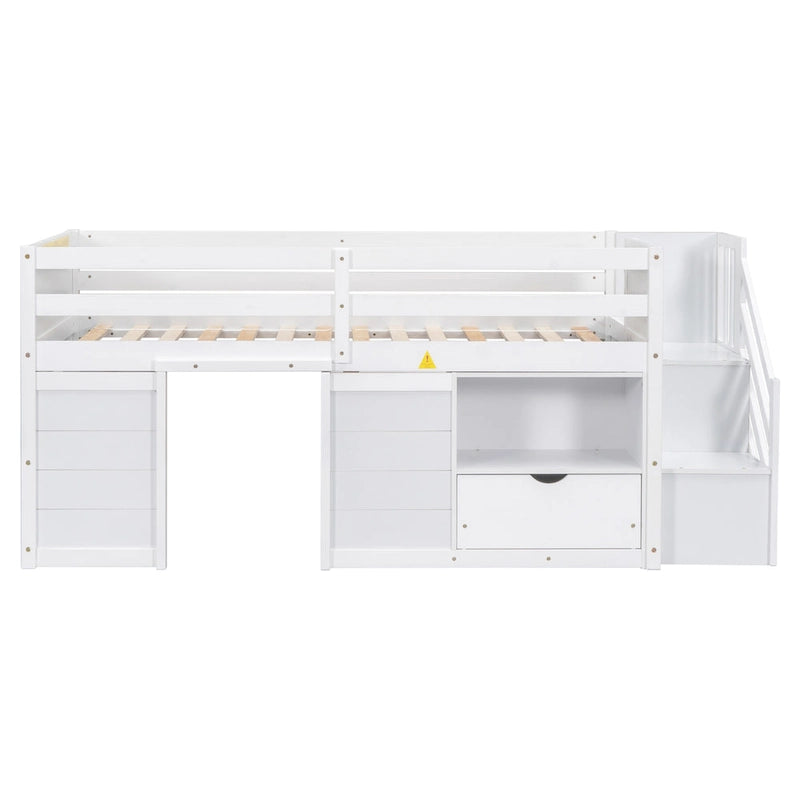 Twin Pine Low Loft Bed with Storage Staircase, Drawer, and Shelf