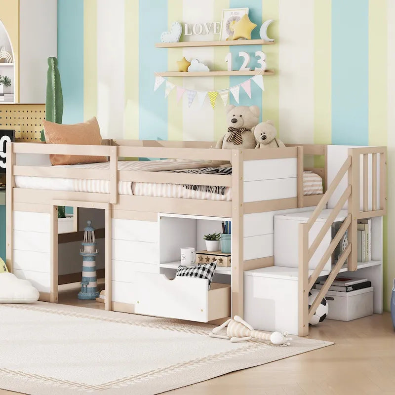 Twin Pine Low Loft Bed with Storage Staircase, Drawer, and Shelf
