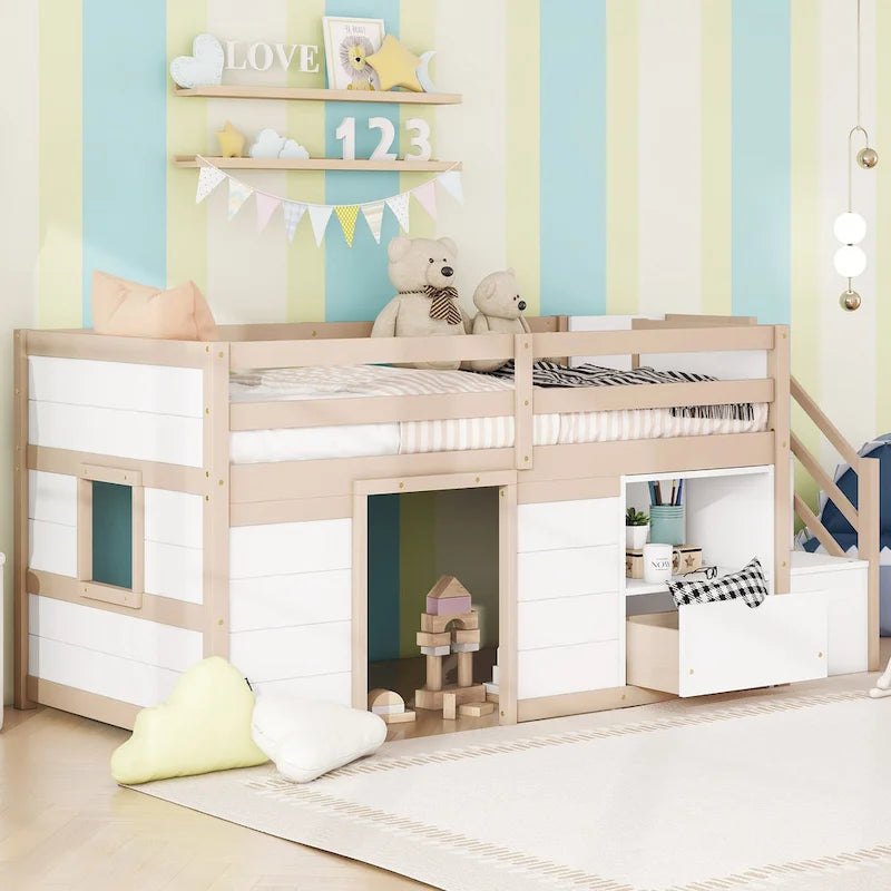 Twin Pine Low Loft Bed with Storage Staircase, Drawer, and Shelf