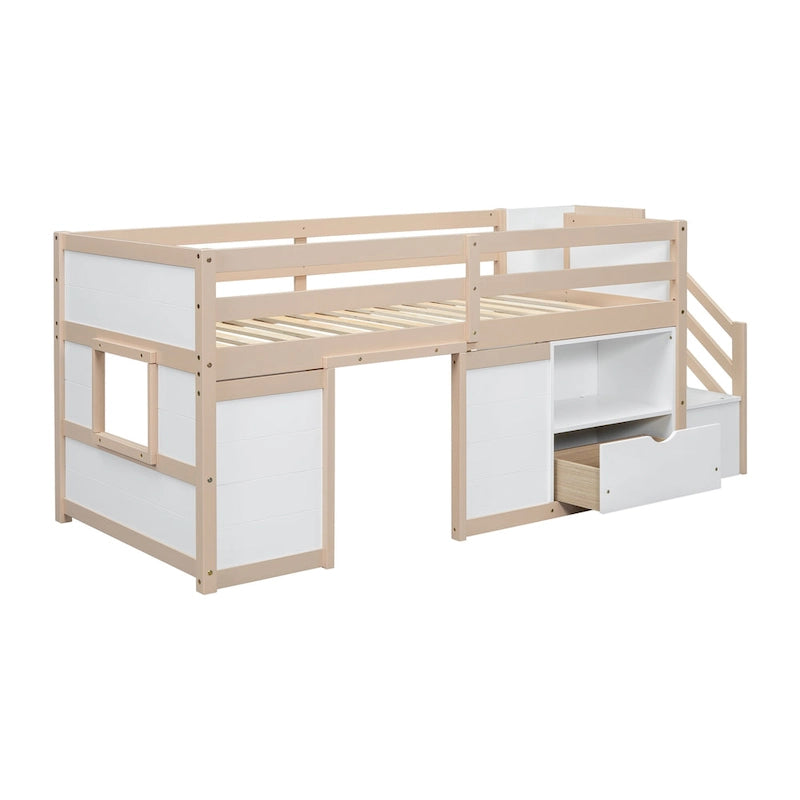 Twin Pine Low Loft Bed with Storage Staircase, Drawer, and Shelf