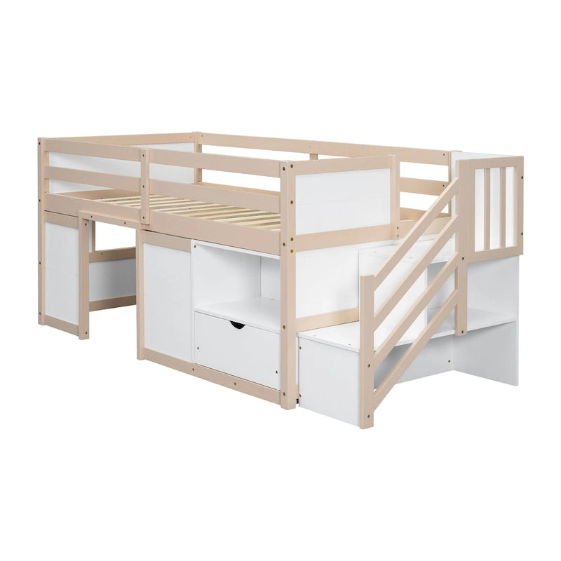 Twin Pine Low Loft Bed with Storage Staircase, Drawer, and Shelf