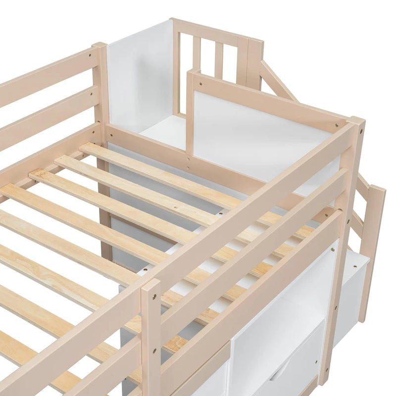 Twin Pine Low Loft Bed with Storage Staircase, Drawer, and Shelf