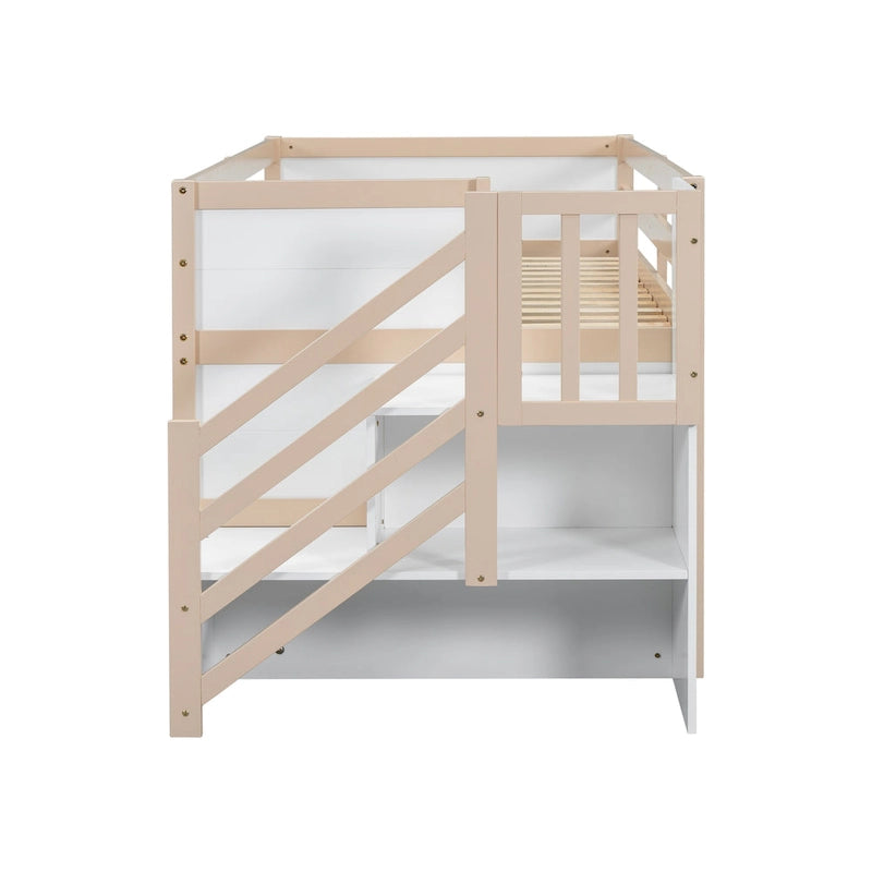 Twin Pine Low Loft Bed with Storage Staircase, Drawer, and Shelf