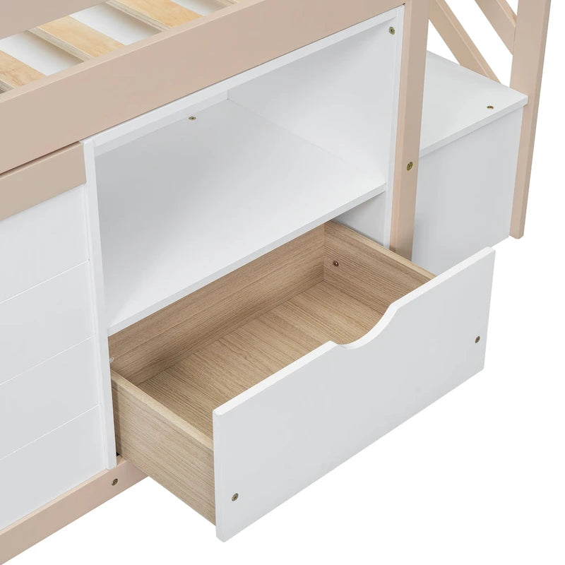 Twin Pine Low Loft Bed with Storage Staircase, Drawer, and Shelf