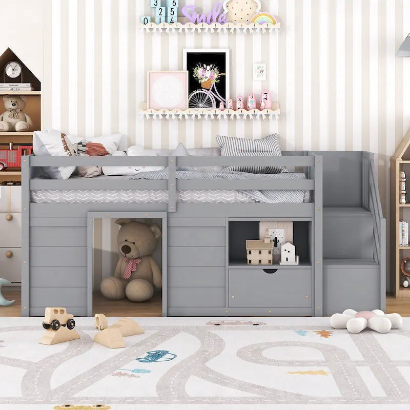 Twin Pine Low Loft Bed with Storage Staircase, Drawer, and Shelf