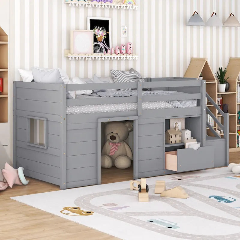 Twin Pine Low Loft Bed with Storage Staircase, Drawer, and Shelf