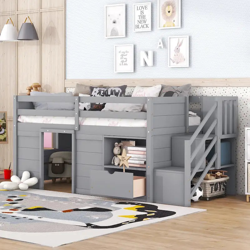 Twin Pine Low Loft Bed with Storage Staircase, Drawer, and Shelf