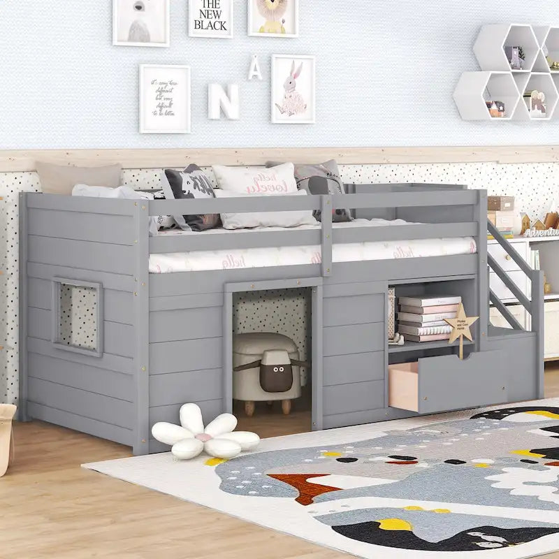 Twin Pine Low Loft Bed with Storage Staircase, Drawer, and Shelf