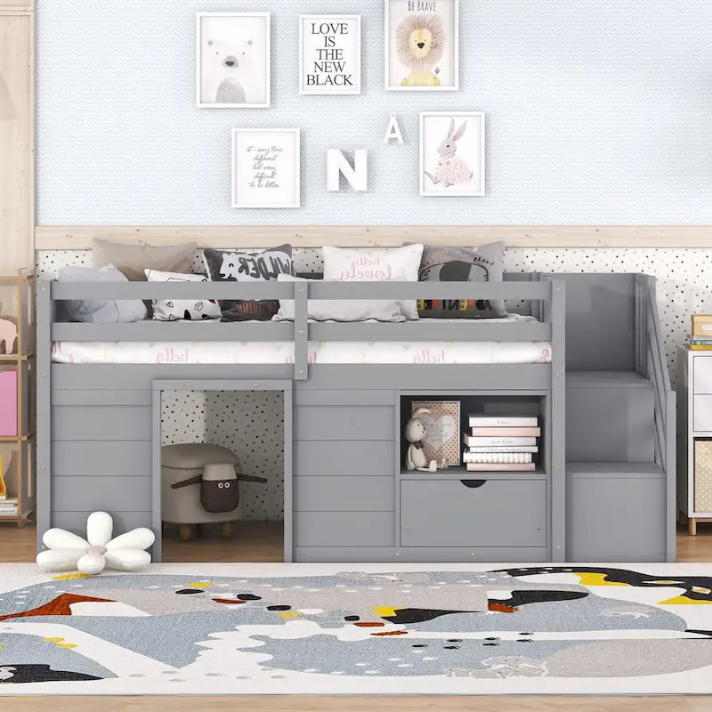 Twin Pine Low Loft Bed with Storage Staircase, Drawer, and Shelf