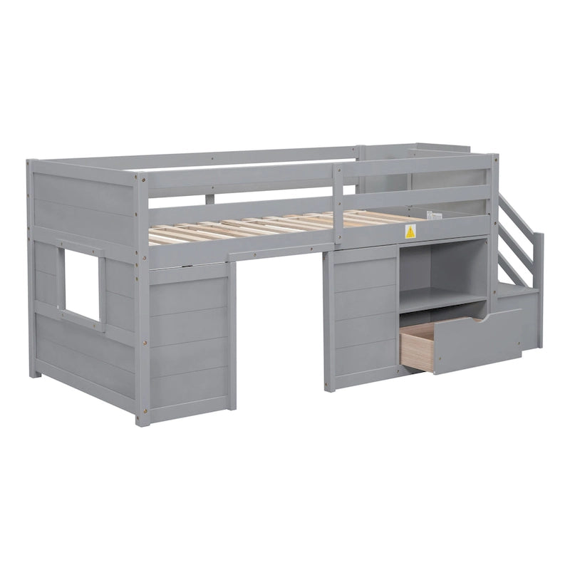Twin Pine Low Loft Bed with Storage Staircase, Drawer, and Shelf