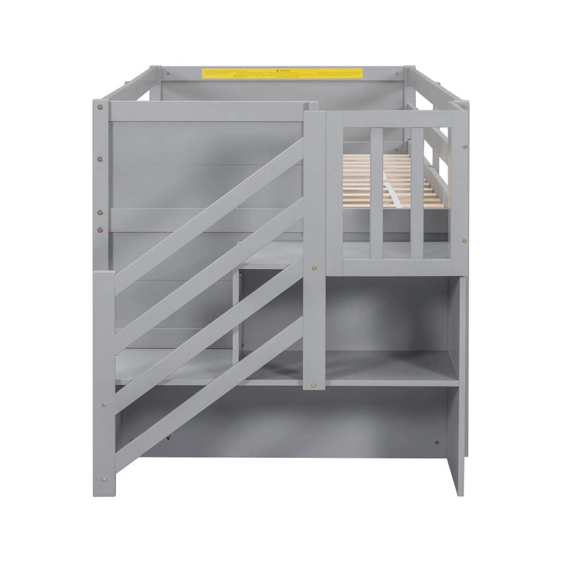 Twin Pine Low Loft Bed with Storage Staircase, Drawer, and Shelf