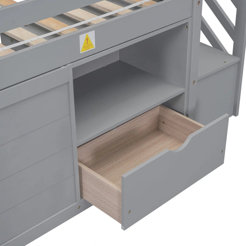 Twin Pine Low Loft Bed with Storage Staircase, Drawer, and Shelf