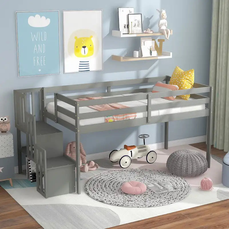 Twin Pine Loft Bed with Staircase & Fence