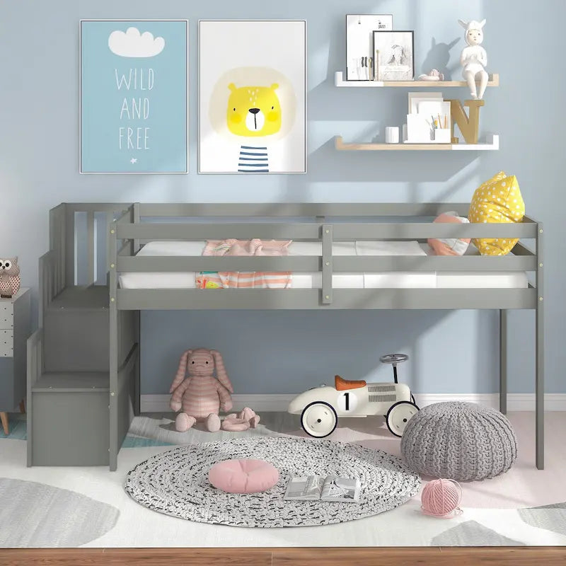 Twin Pine Loft Bed with Staircase & Fence