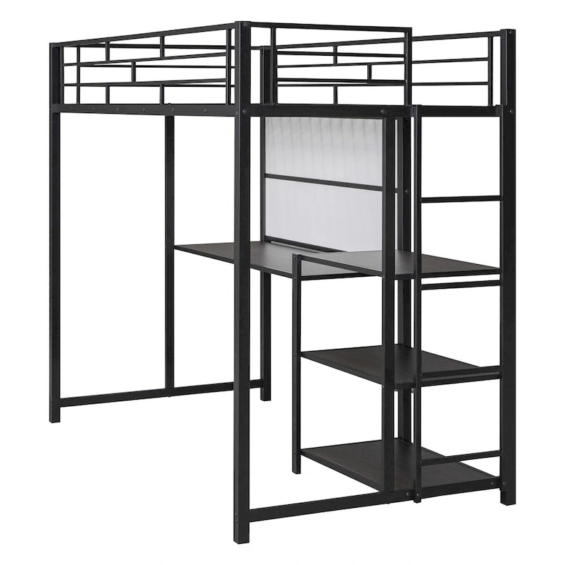 Metal Loft Bed with Desk, Whiteboard, Shelves, and Ladder