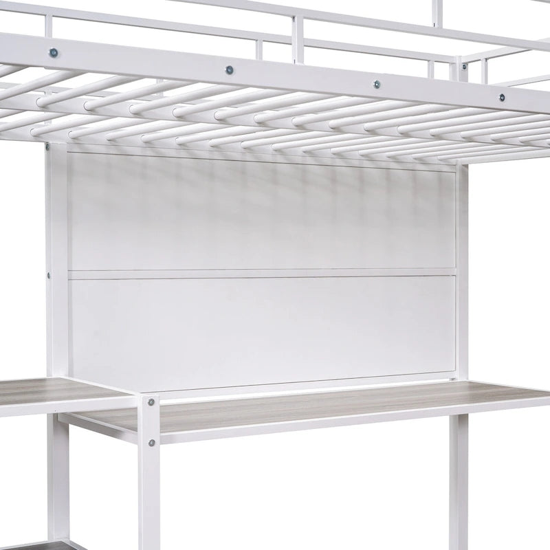 Metal Loft Bed with Desk, Whiteboard, Shelves, and Ladder