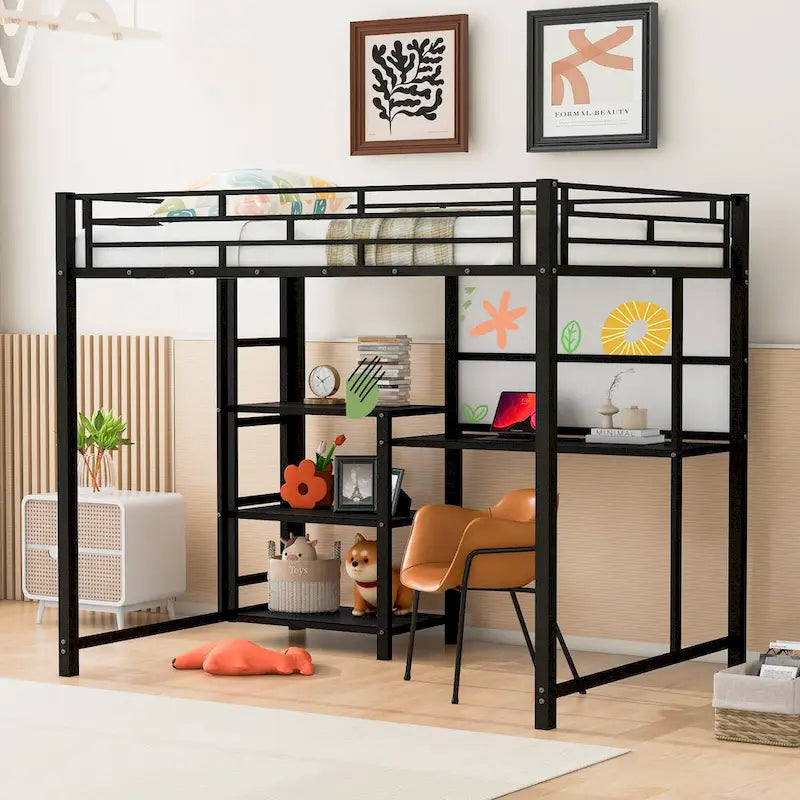 Metal Loft Bed with Desk, Whiteboard, Shelves, and Ladder