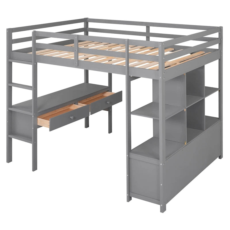 Pine Loft Bed with Built-in Desk & Drawers